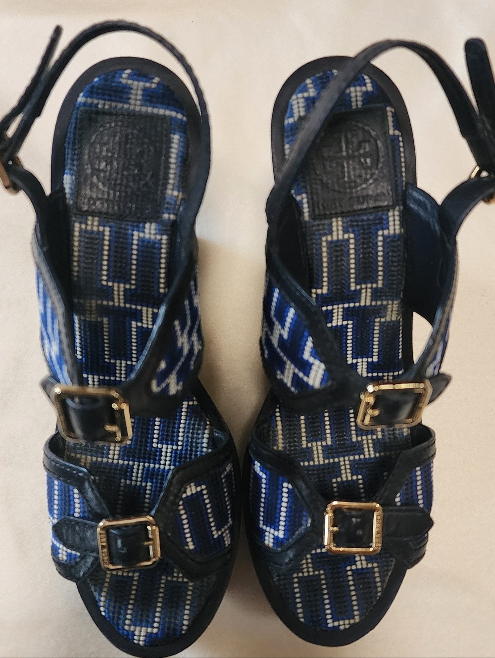 Tory Burch Navy Blue Patterned Sandal Wedges with Gold Buckles